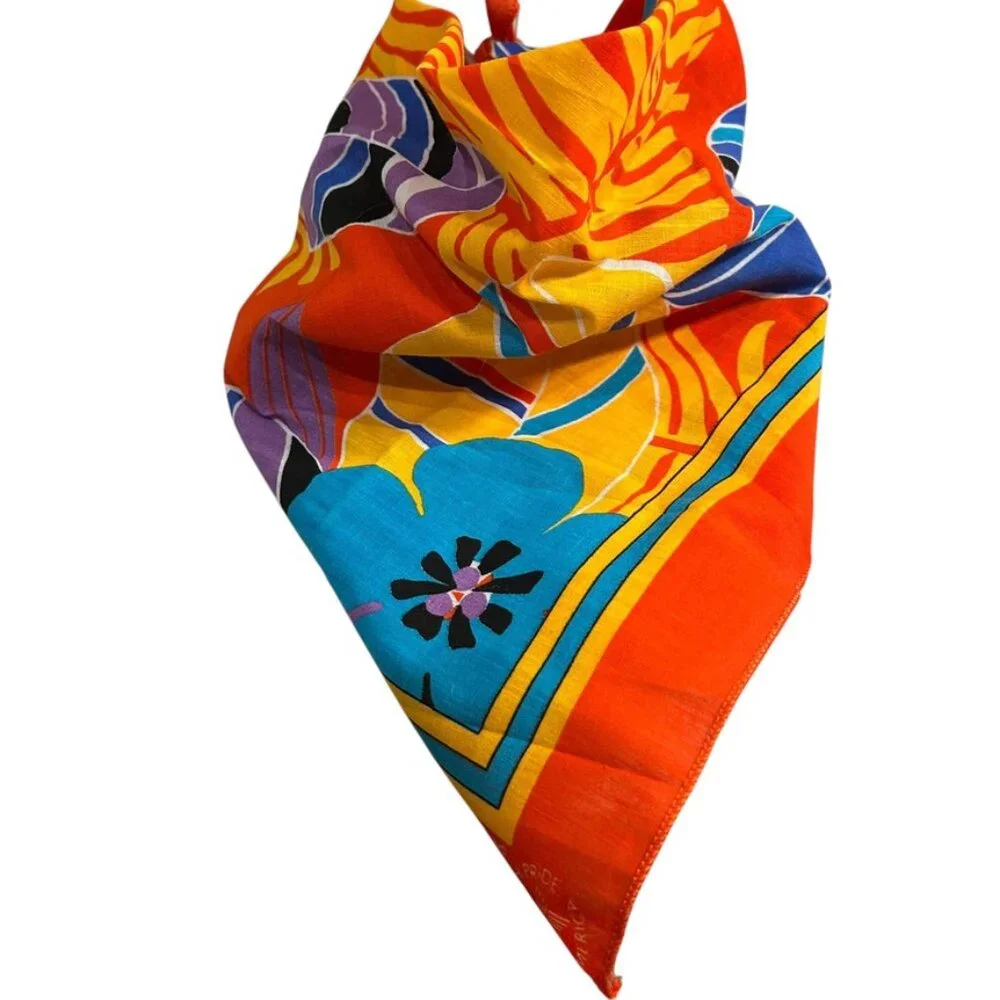 NEW cotton handkerchief tropical flowers orange red blue floral scarf